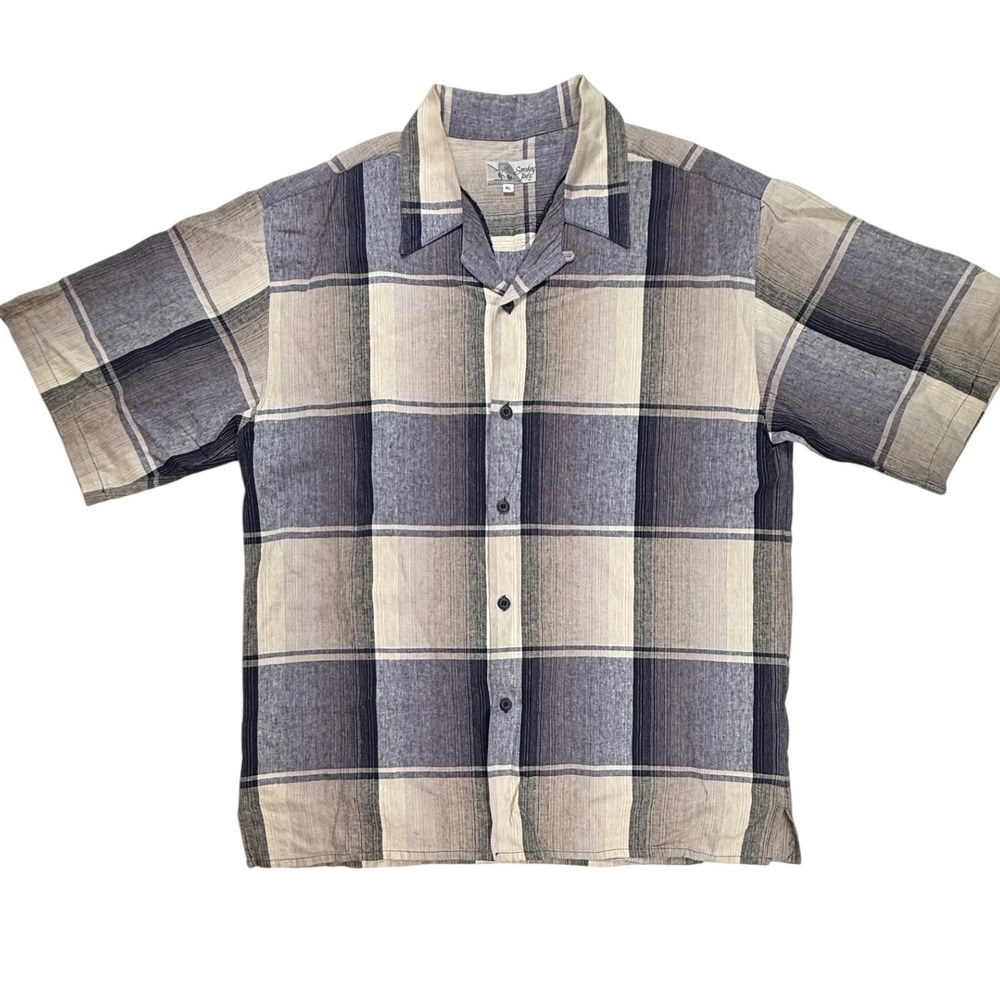 Smokey Joe's Mens XL Linen Blend Ombre‎ Plaid Camp Shirt Blue Grey Short Sleeve